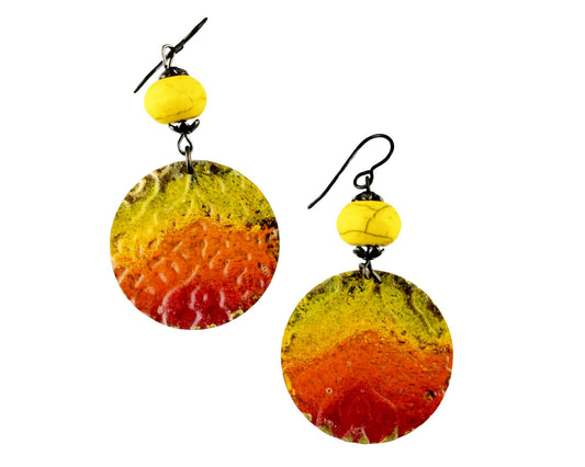 Indian Sunset Radiance Earrings with lemon yellow beads and sunset painted brass