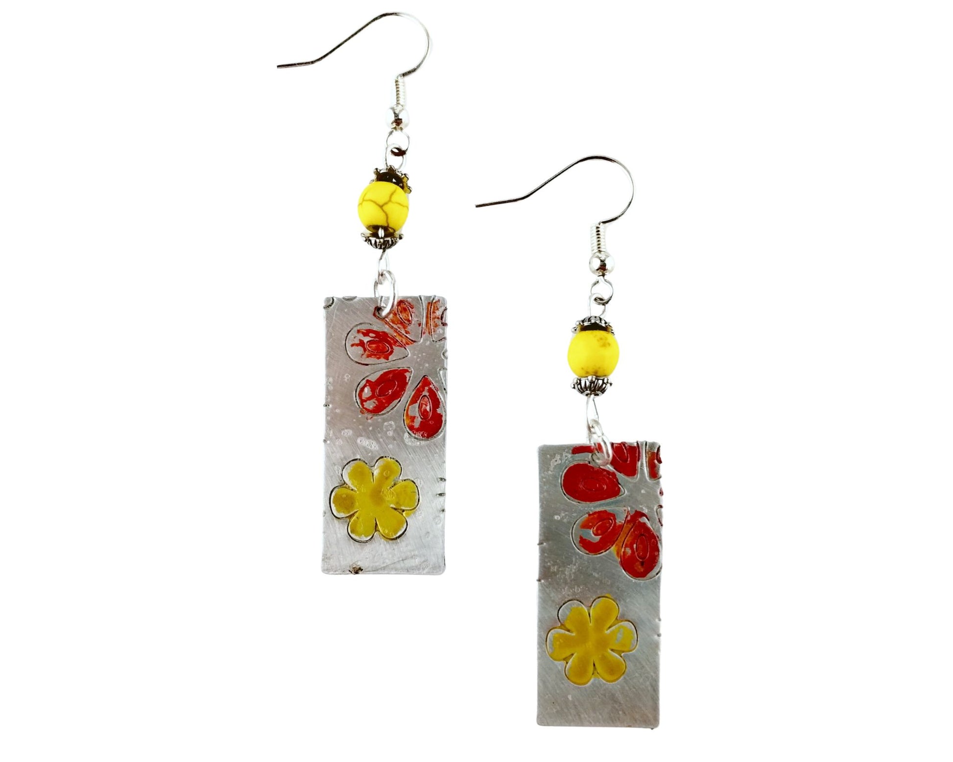 Hand-painted floral pewter earrings with yellow howlite bead accents