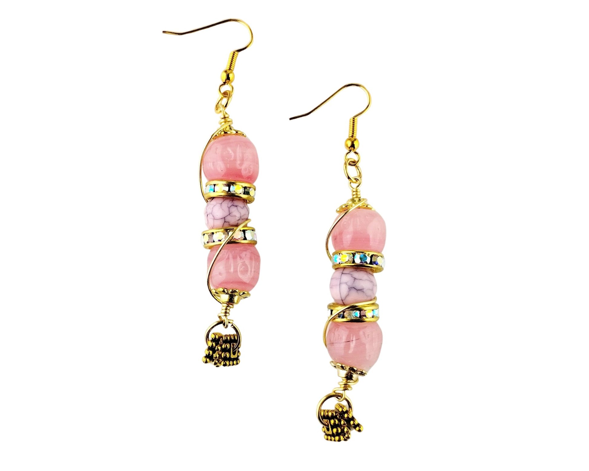 Handmade pink glass bead earrings with rhinestone accents and gold-plated findings.