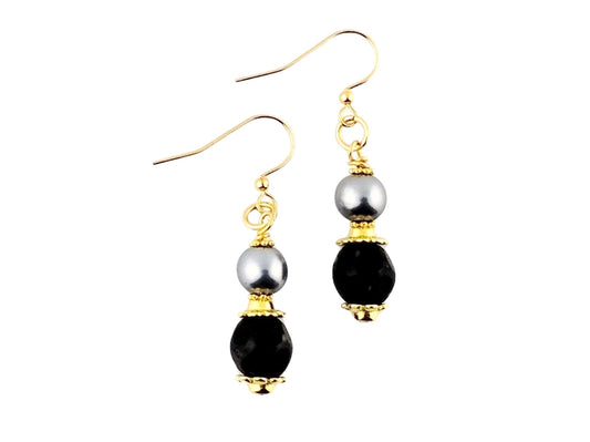 Handmade garnet red and gray pearl drop earrings with gold-plated findings