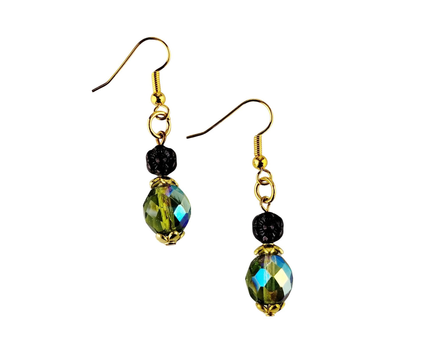 Handmade earrings with olive green and eggplant purple glass beads and gold-plated hooks.
