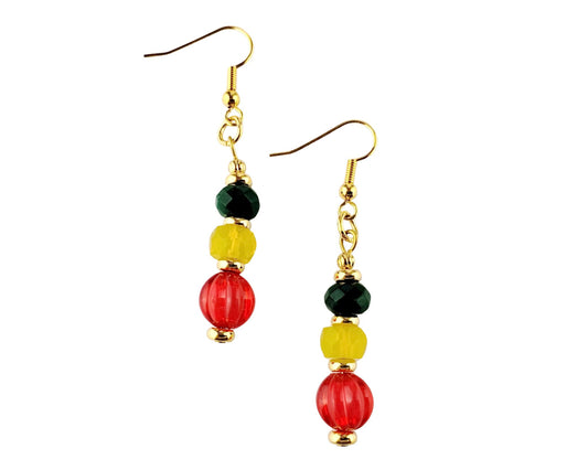 Handmade red, yellow, and green beaded earrings with gold accents