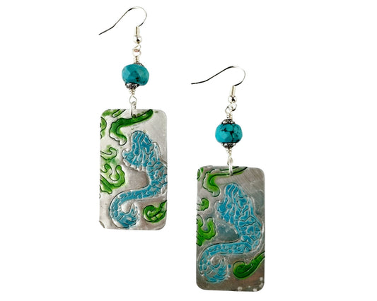 Hand-painted pewter mermaid earrings in aqua blue and green with jasper bead accents