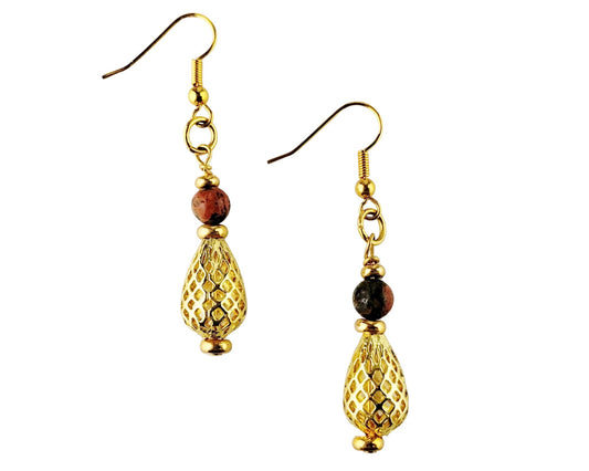 Handmade gold basket weave teardrop earrings with green epidote gemstone beads.