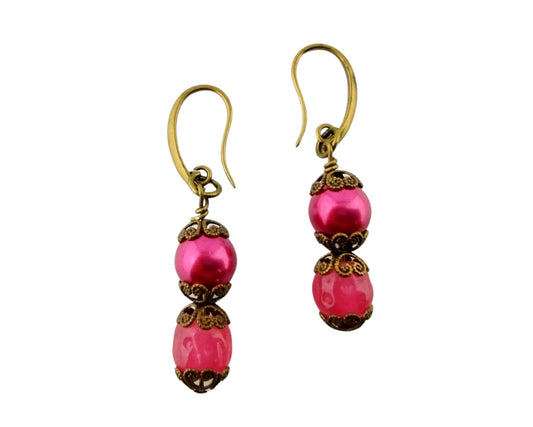 Handmade magenta pink glass pearl earrings with cherry bead accents and brass findings.