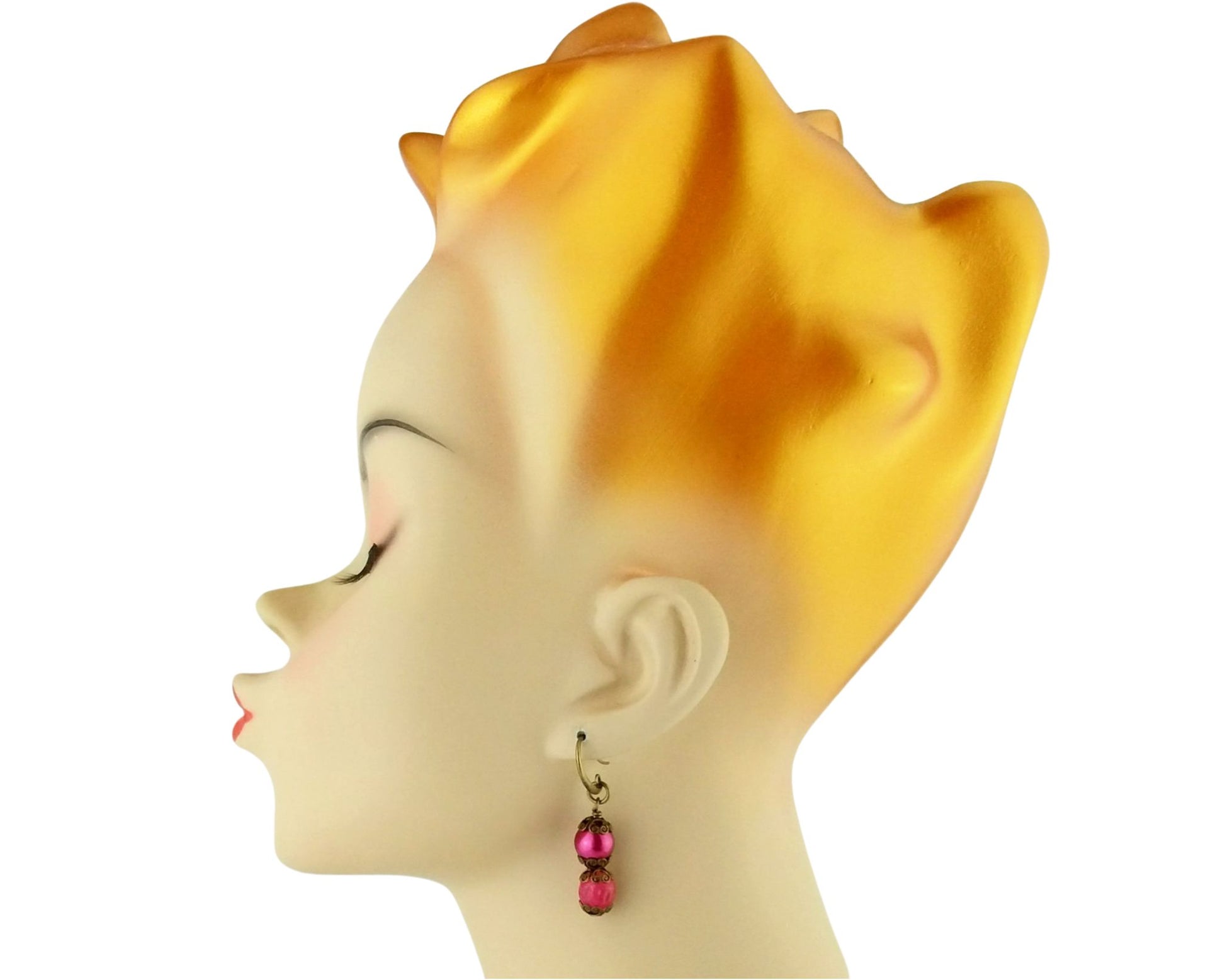 Pink and cherry glass bead earrings on nickel-free brass ear wires.