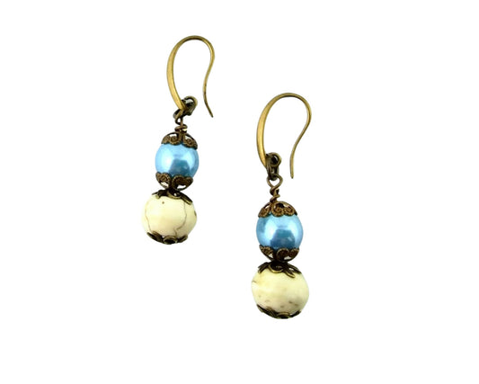 Handmade earrings with sky blue glass pearls and off-white howlite beads.
