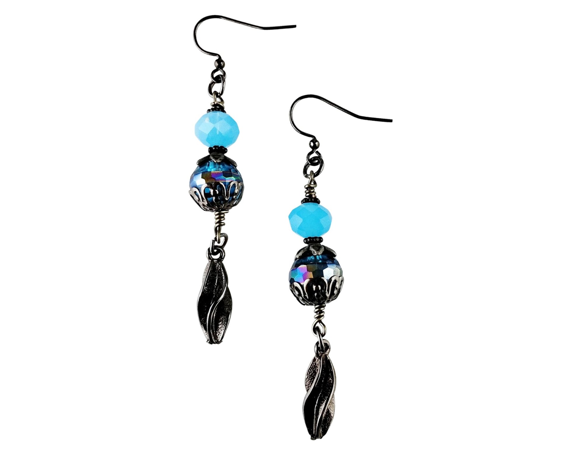 Handmade earrings featuring aqua blue glass beads with twisted gunmetal black chain and nickel-free ear wires