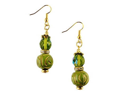 Handmade lime green and gold earrings with crystal and rhinestone accents