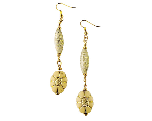 Long ivory and gold acrylic floral earrings on gold fishhook ear wires