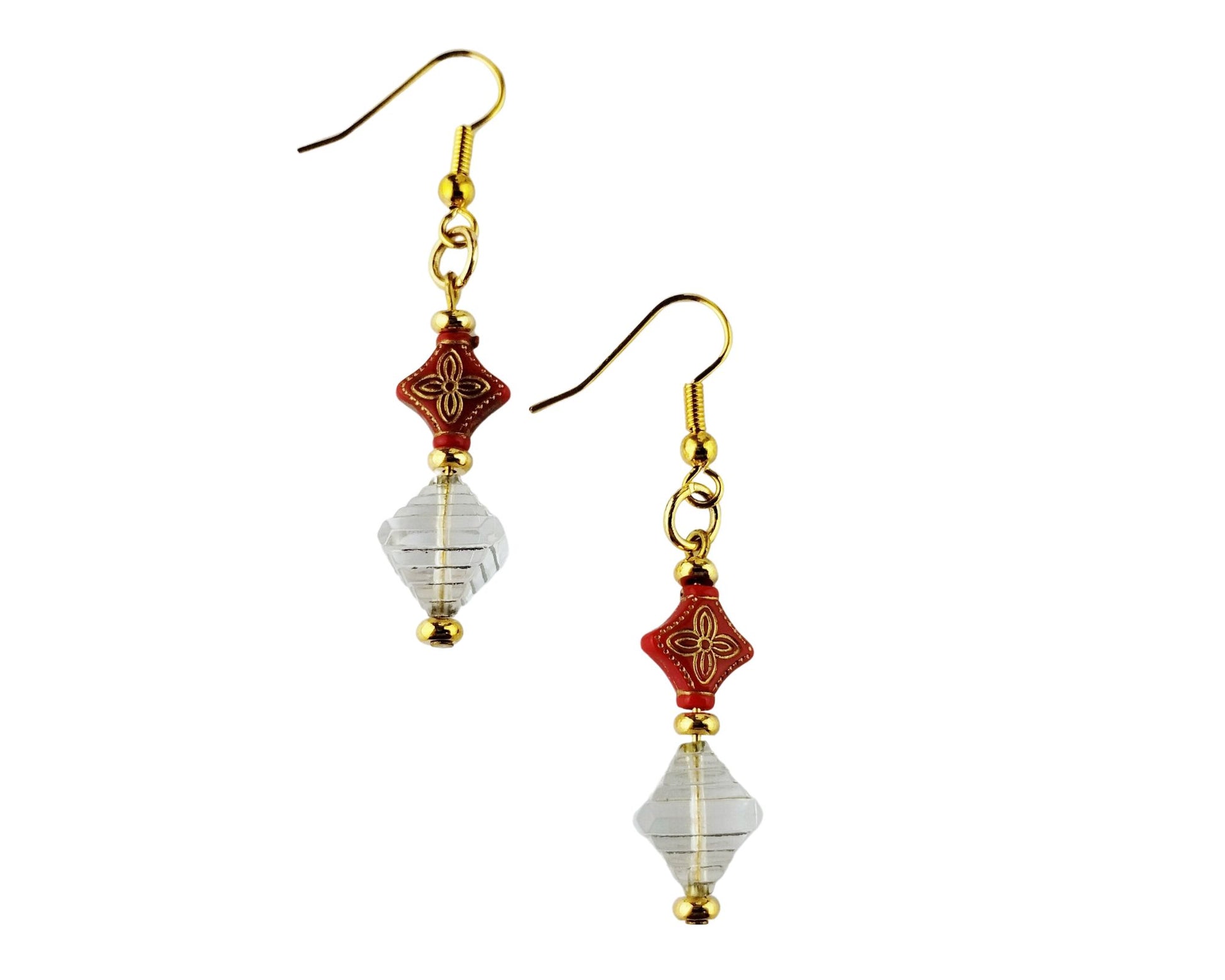 Handmade red and gold geometric earrings with triangle and diamond beads