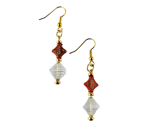 Handmade red and gold geometric earrings with triangle and diamond beads