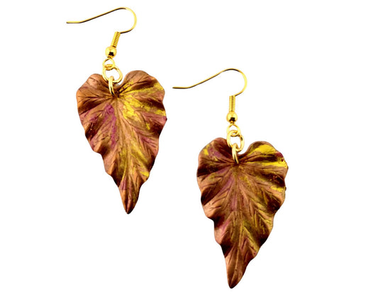 Artisan-crafted copper leaf earrings with gold-plated fish hook wires