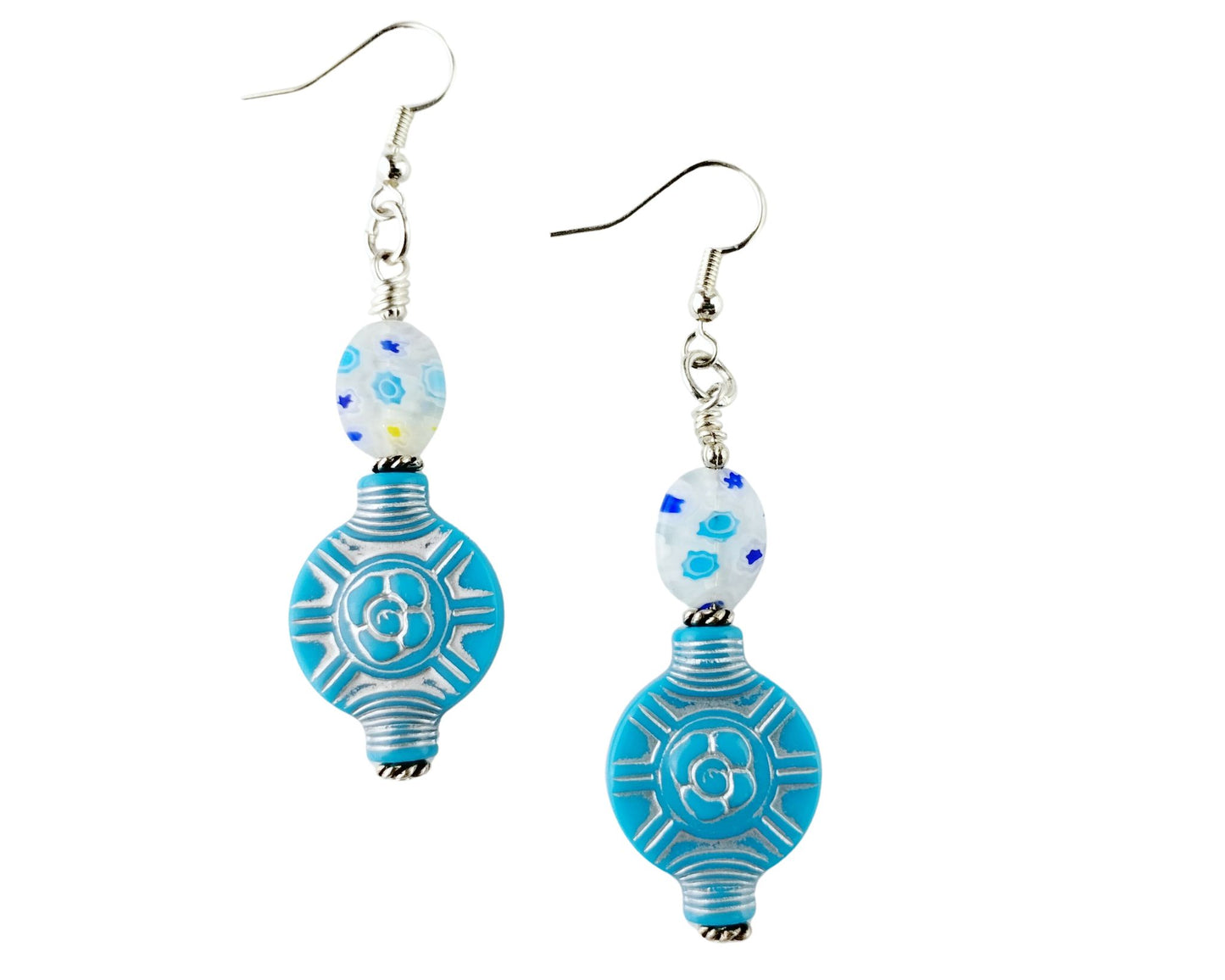 Handmade millefiori earrings with aqua blue acrylic beads and silver hooks