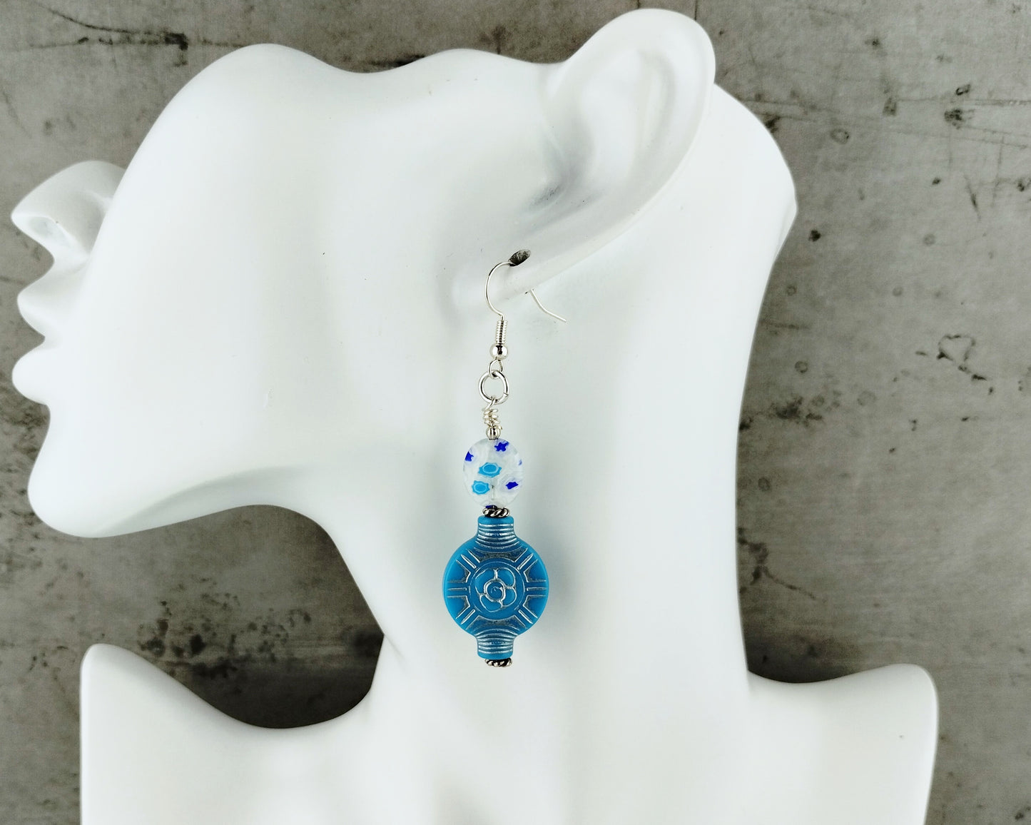 Colorful Czech millefiori and aqua acrylic bead dangle earrings