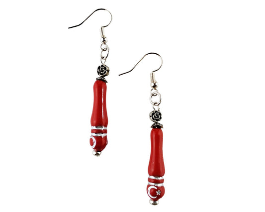 Handmade red acrylic tube earrings with silver rose beads