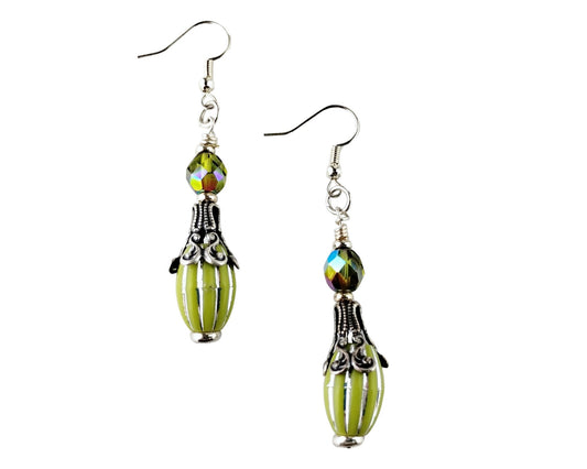 Handmade olive green melon bead earrings with silver accents