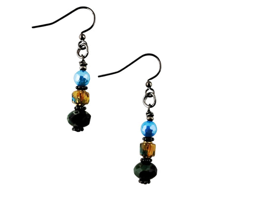 Handmade earrings with yellow, green, and aqua blue glass beads
