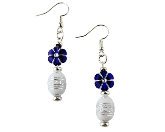 Handmade earrings with blue flower and white barrel bead