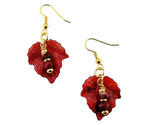 Crimson red maple leaf earrings with gold accents and bead drops