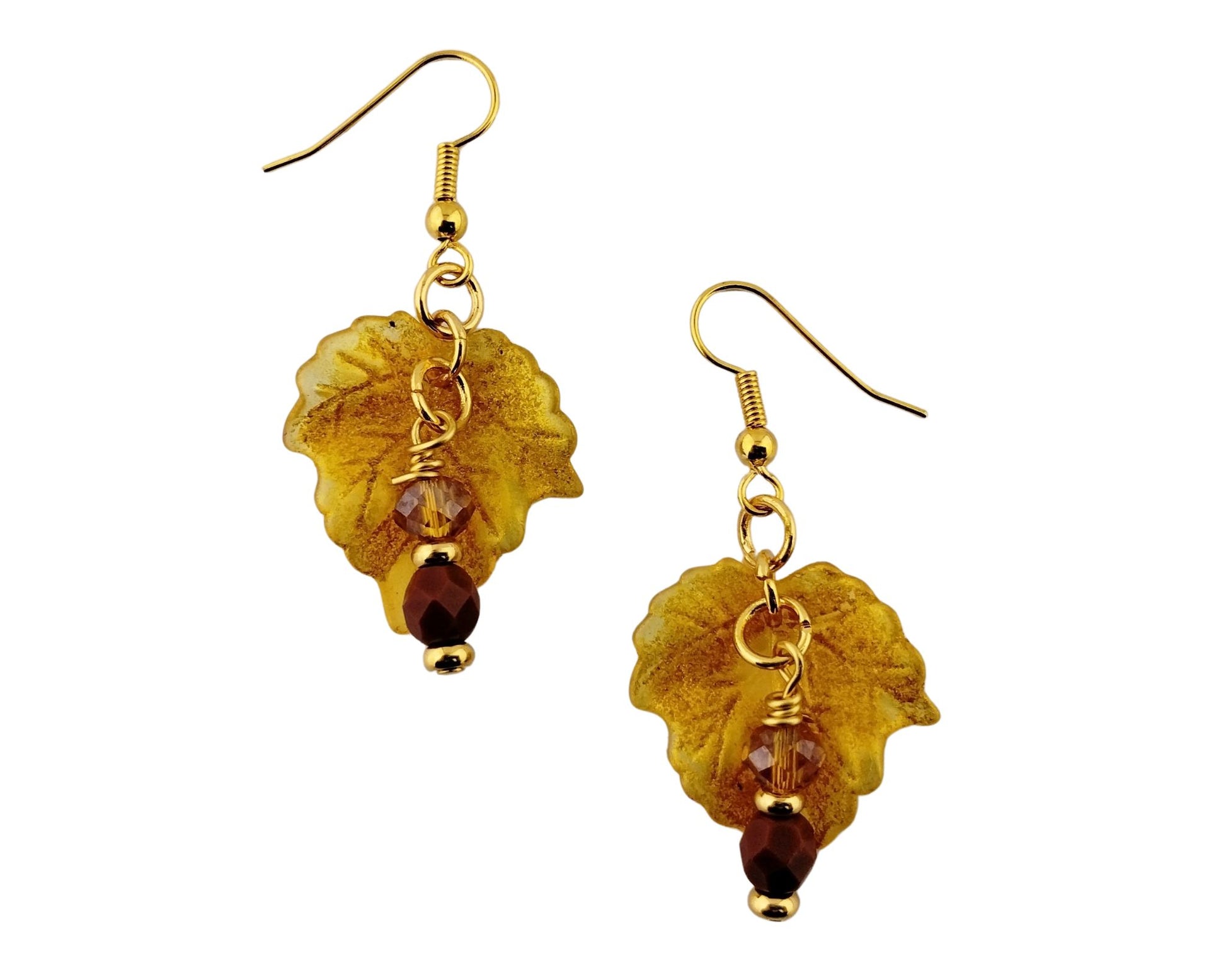 Handmade yellow maple leaf earrings with gold-plated findings