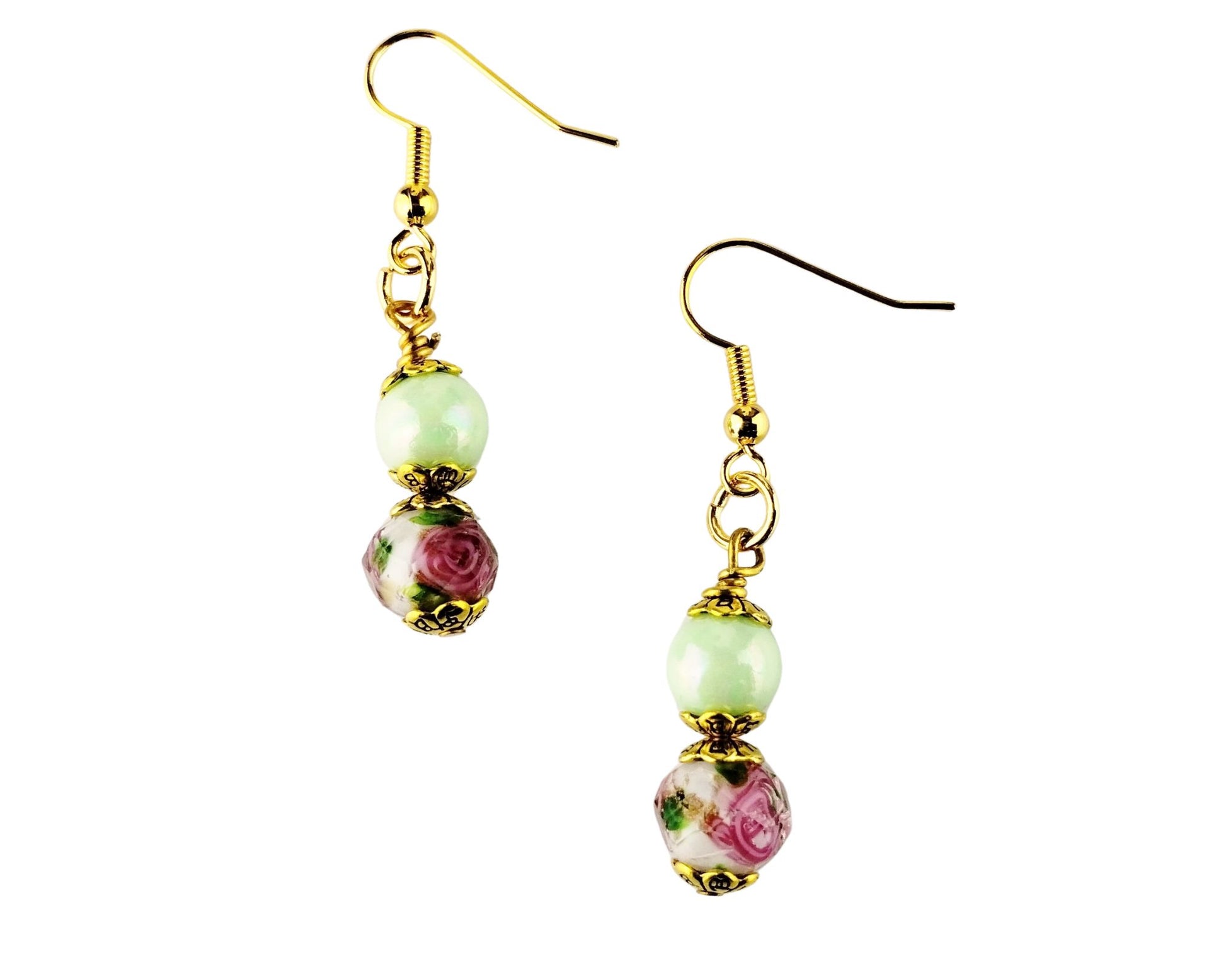 Handmade beaded drop earrings with pink rose and mint green beads
