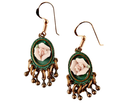 Handmade floral earrings with aqua copper oval bezels and pink ceramic flowers