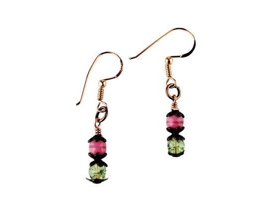 Handmade dainty earrings with rose pink and mint green glass beads