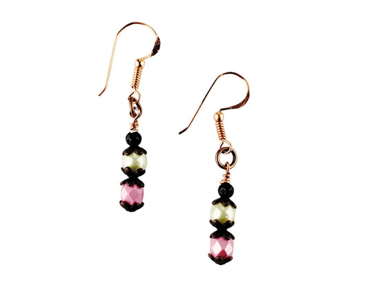 Handmade bead drop earrings with rose pink and mint green glass