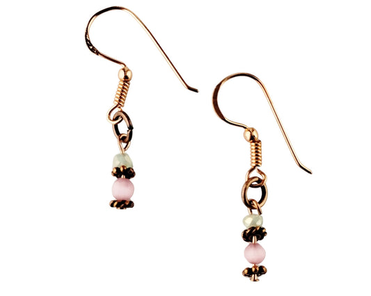 Handmade dainty earrings with mint green and rose pink bead drops