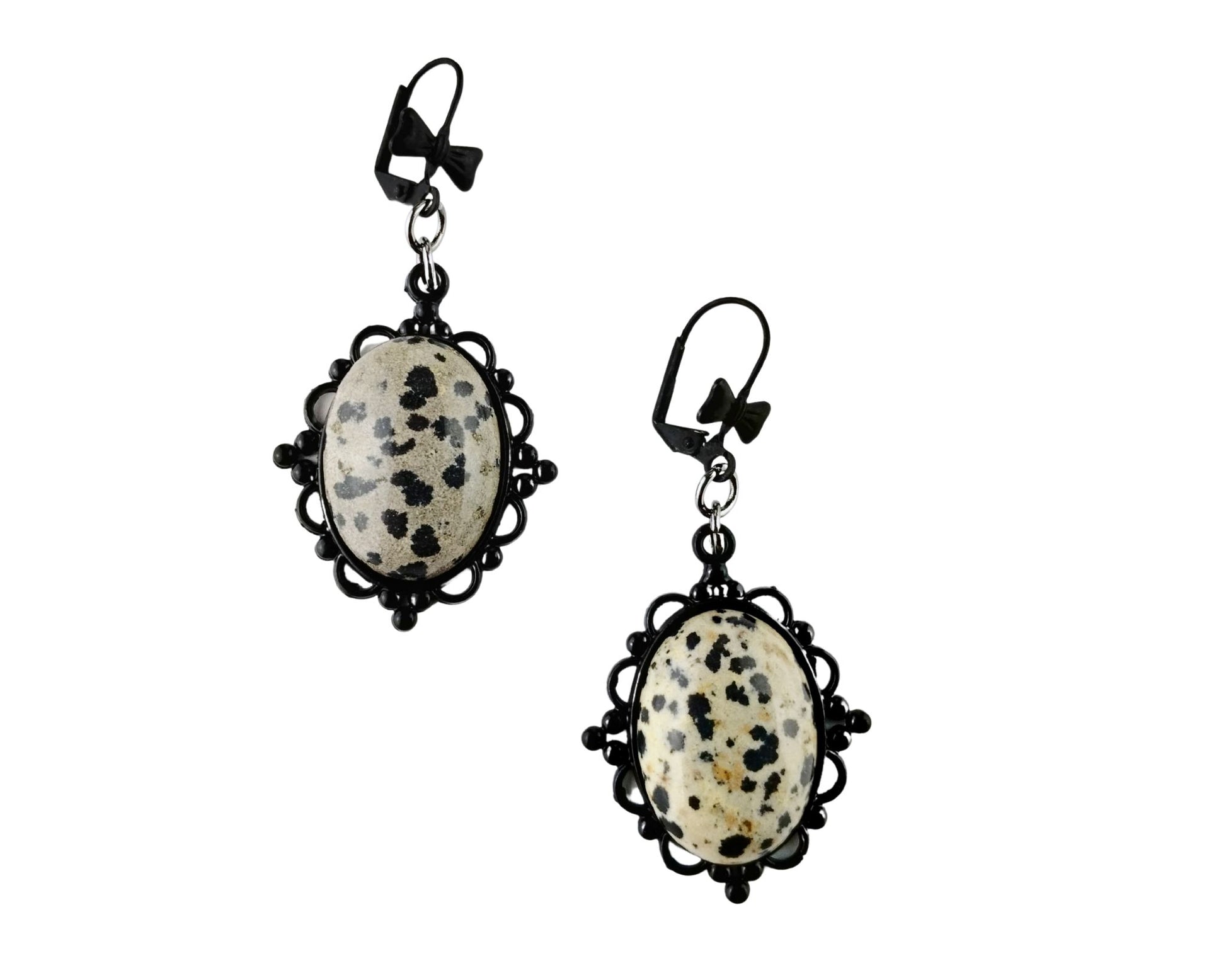 Handmade Dalmatian Jasper earrings with gunmetal black lace bezel