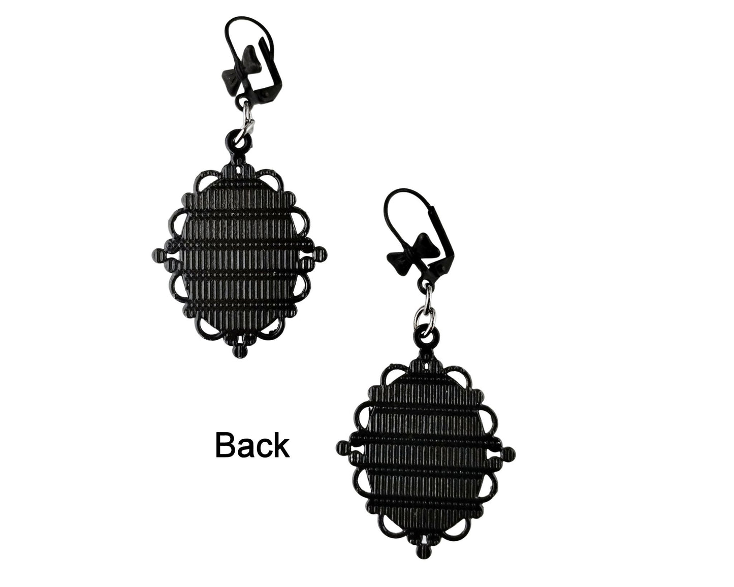 Back of Dalmatian Jasper earrings with matte black lever backs