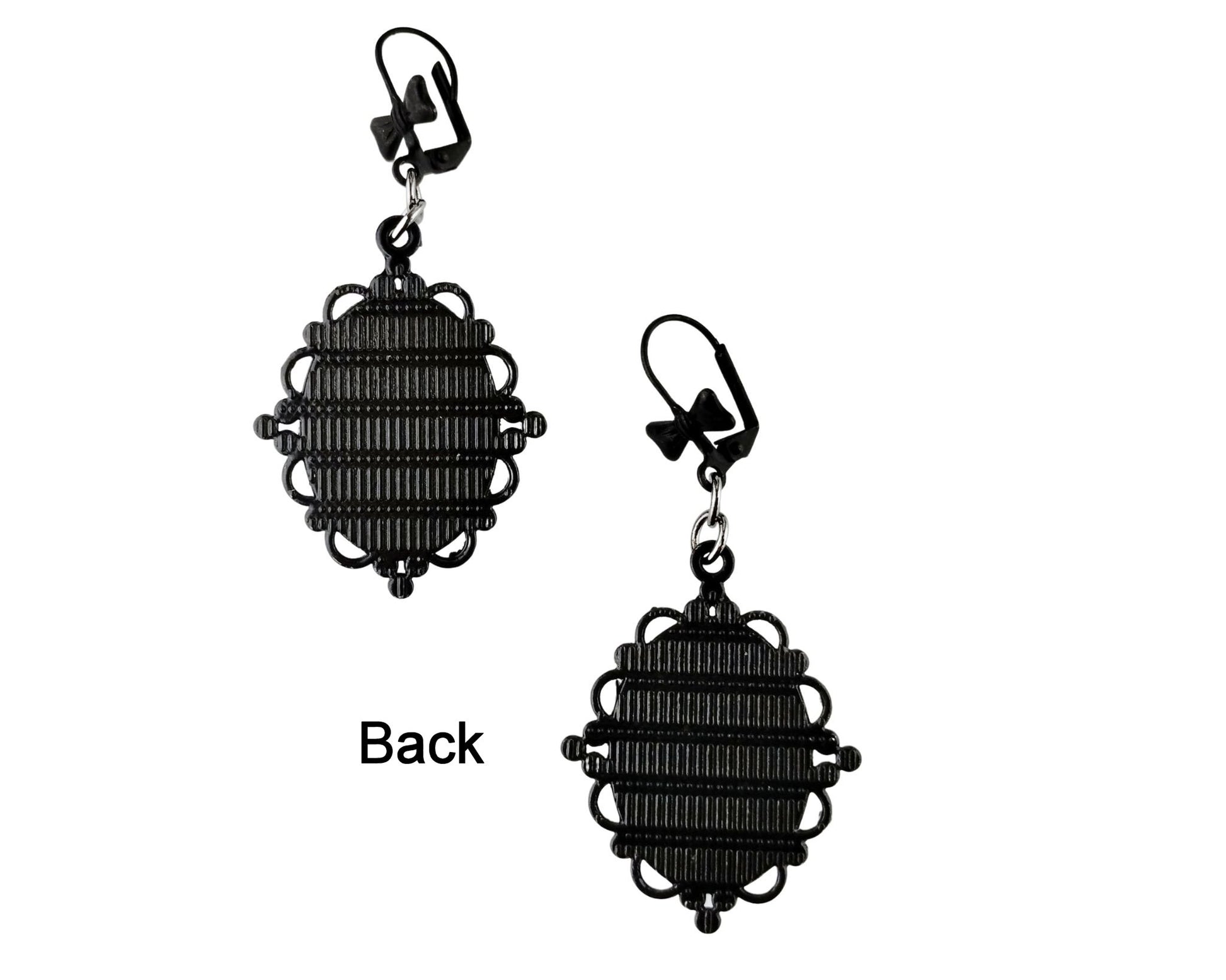 Back of Dalmatian Jasper earrings with matte black lever backs