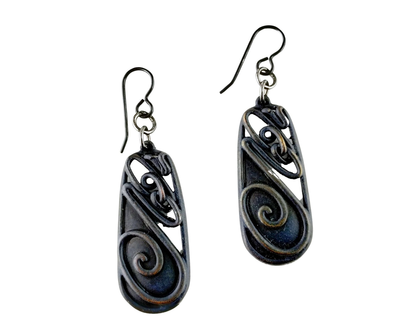 Handmade matte black pewter earrings with swirl pattern