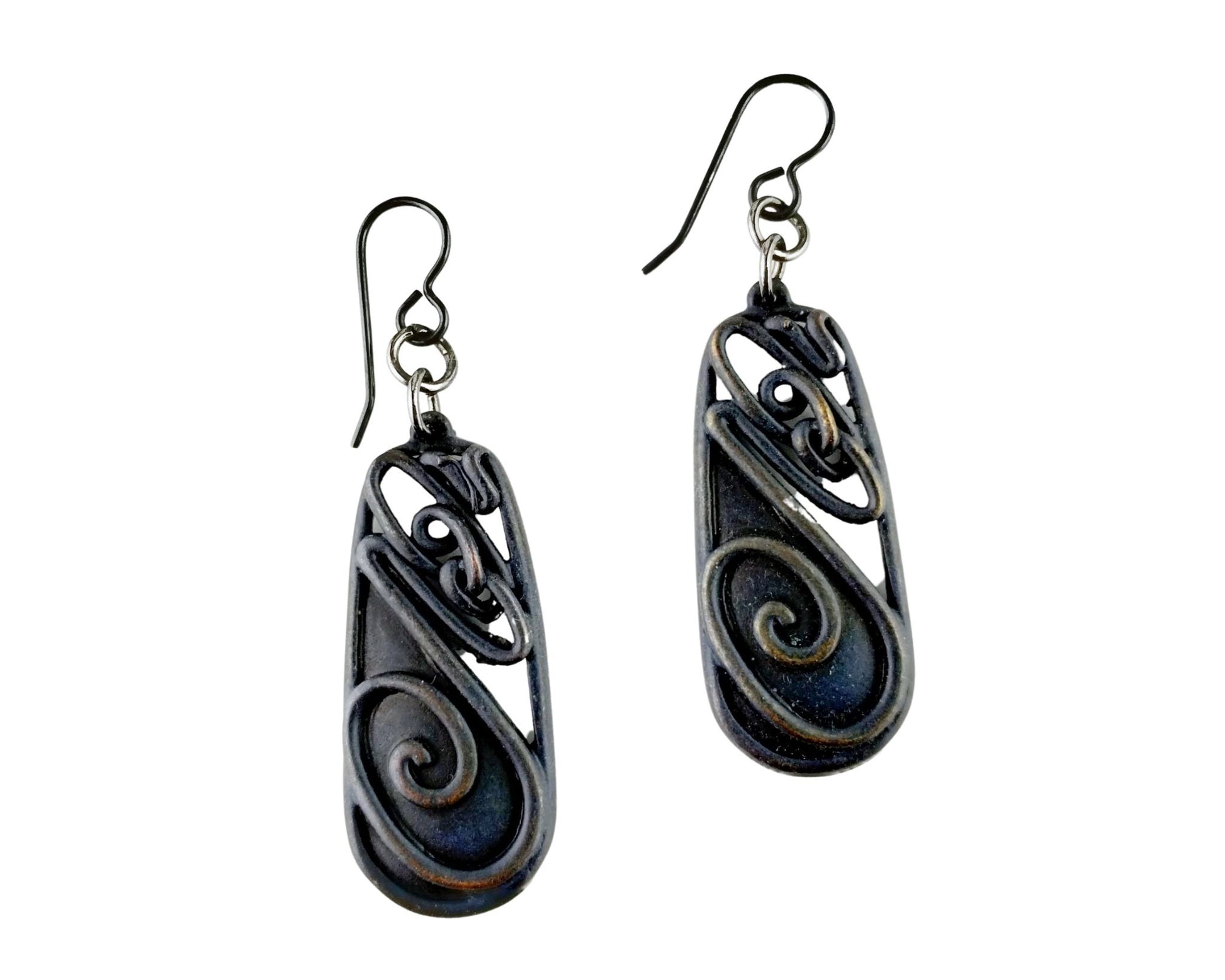 Handmade matte black pewter earrings with swirl pattern