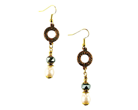 Handmade beaded earrings with sea green beads and off-white pearls

