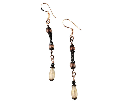 Handmade statement earrings with antique copper and gold teardrops