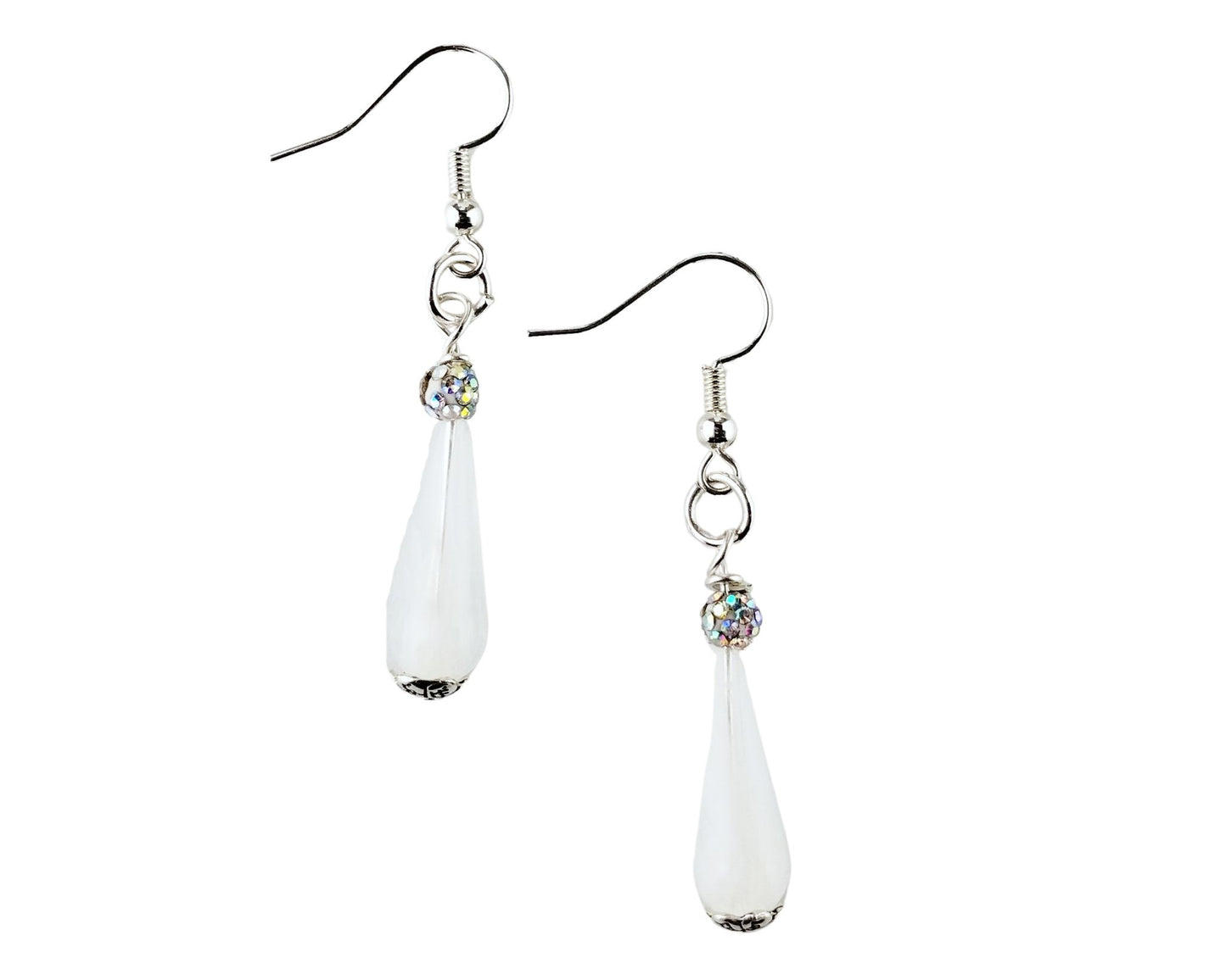 Handmade winter white teardrop earrings with rhinestone accents