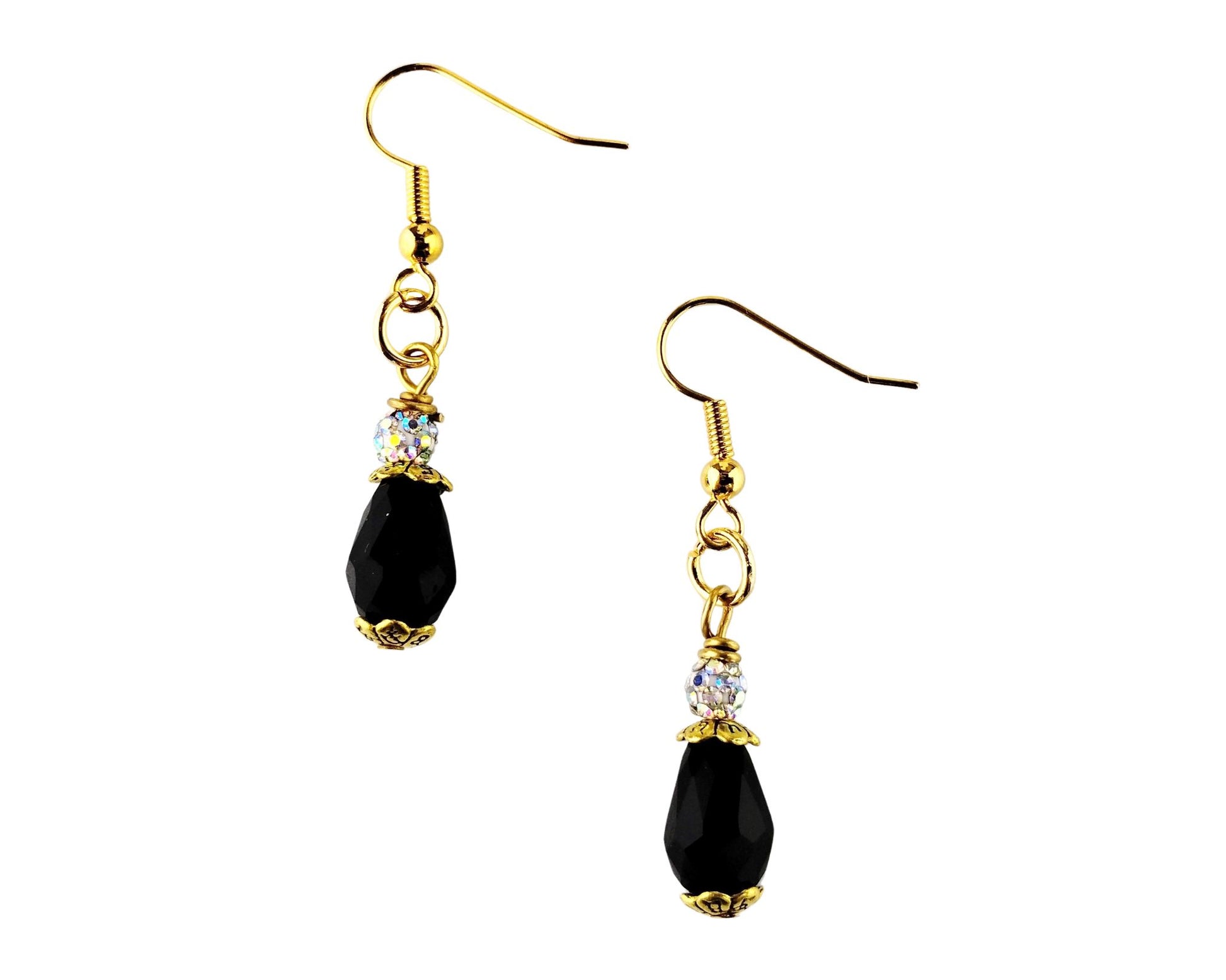 Handmade black glass and rhinestone earrings with gold-plated accents
