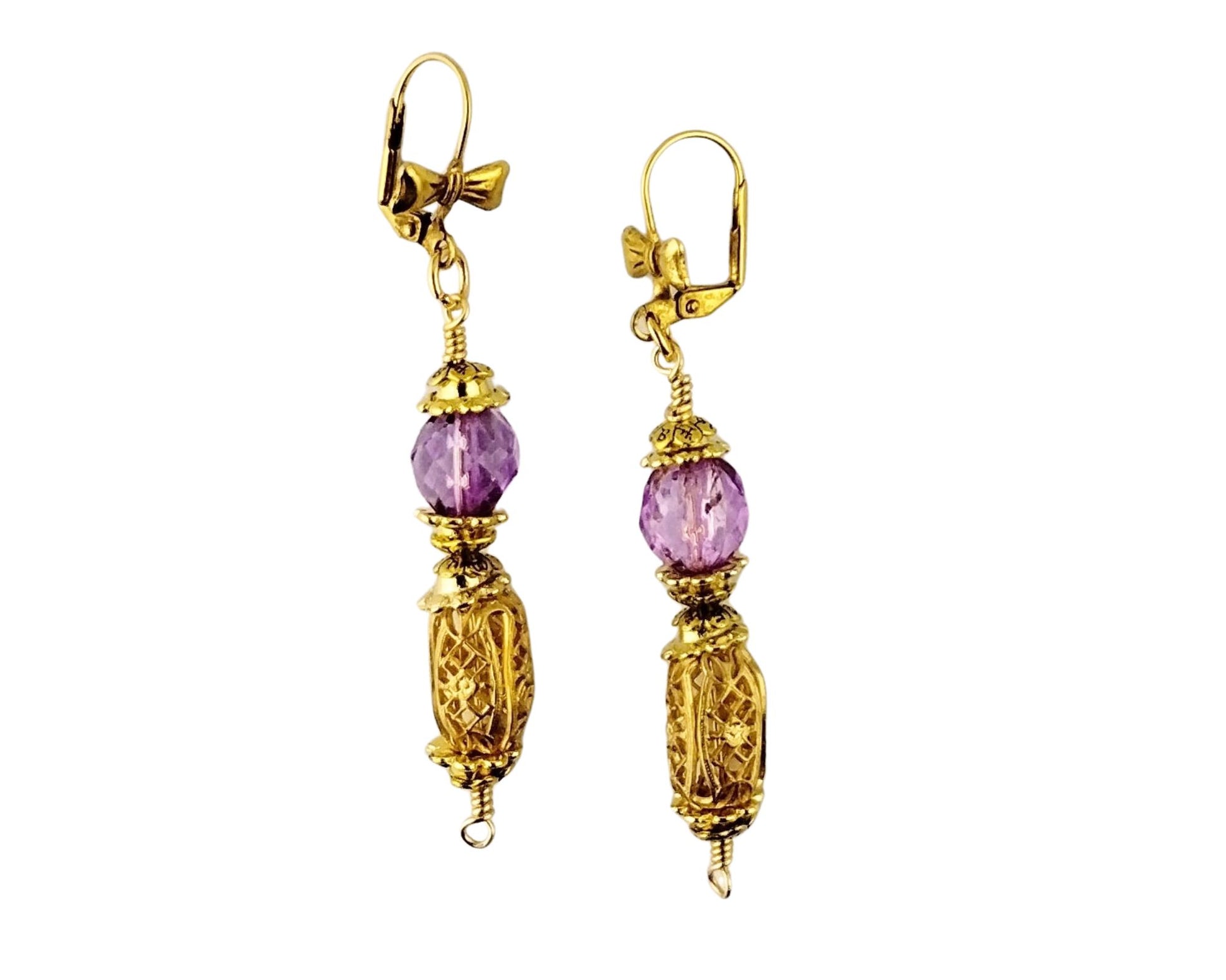 Handmade purple and gold drop earrings with filigree accents