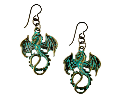 Patina Dragon Dangle Earrings – Fantasy Style
