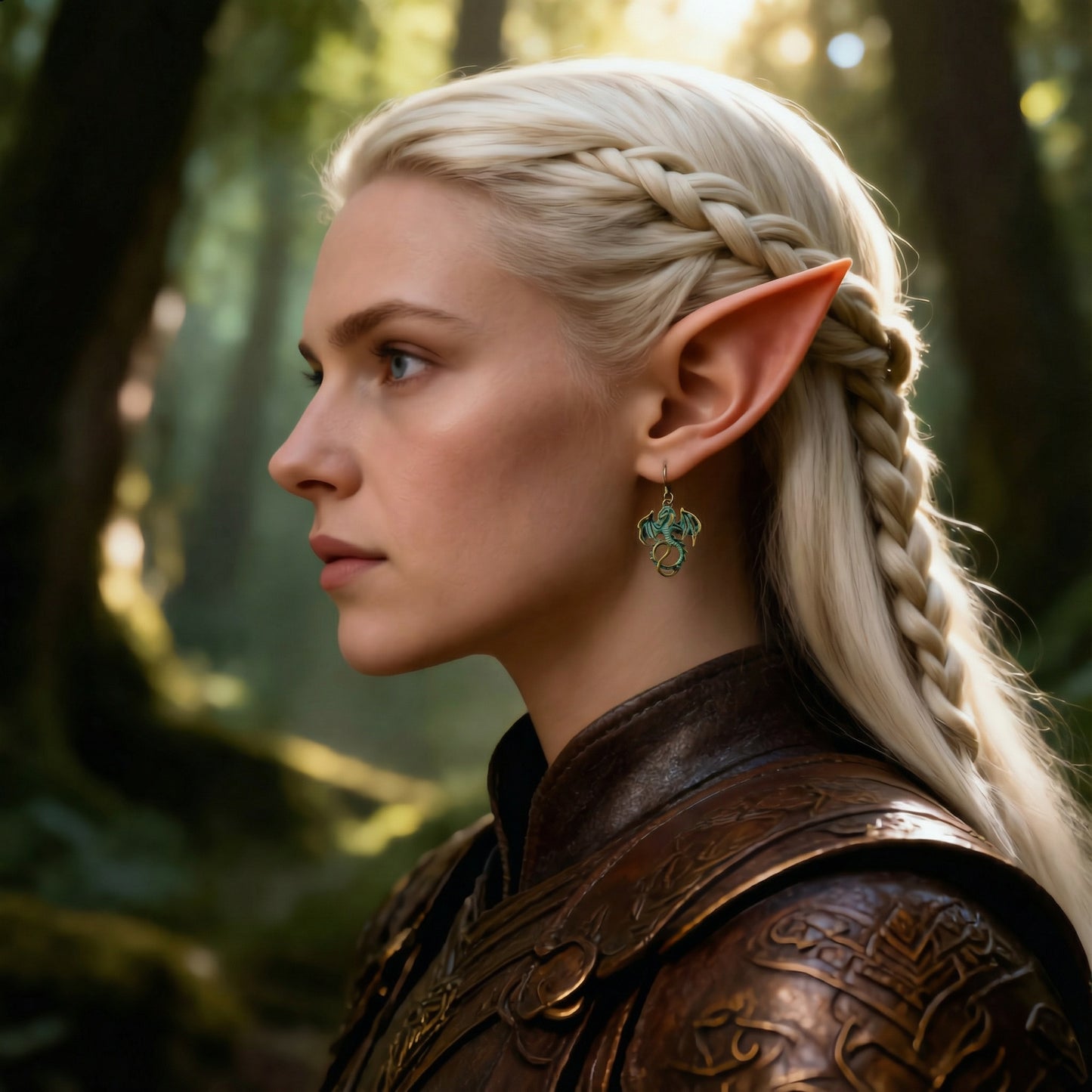 Elven character with braided hair and pointed ears in a forest setting