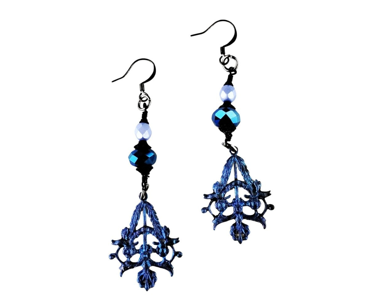 Blue and black chandelier earrings on a white background