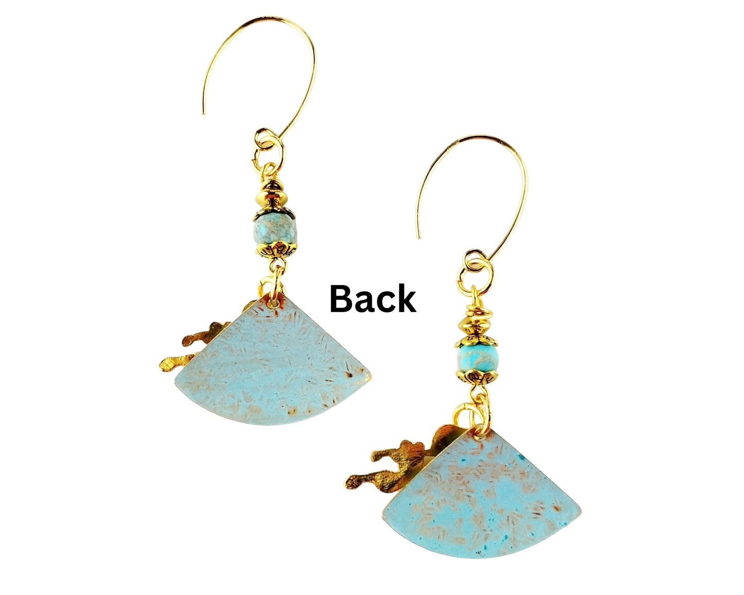 Back of a Pair of earrings with blue and gold elements on a white background