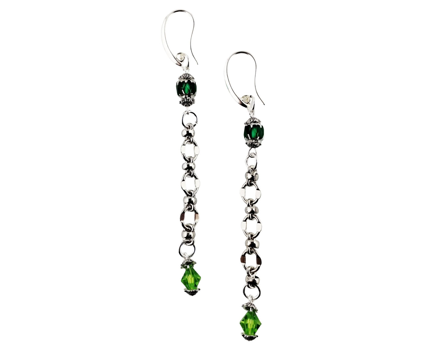 Peridot Green Long chain earrings on white background. 