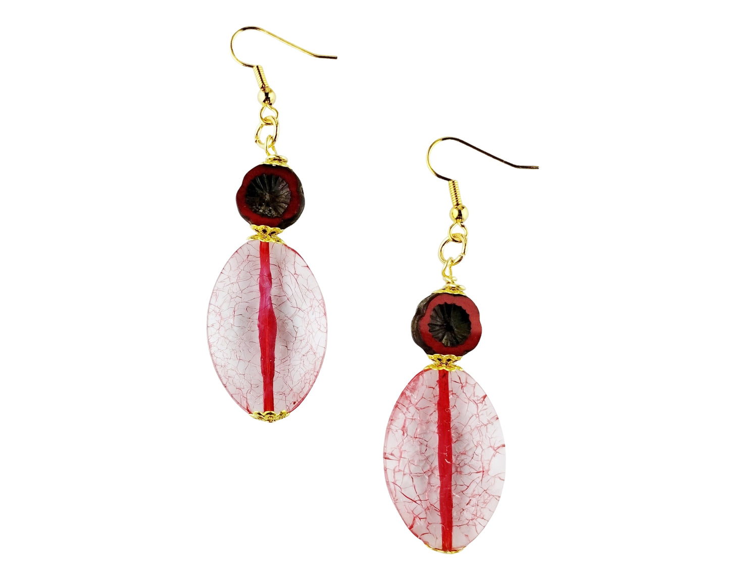 Pair of earrings with pink and red glass beads and gold accents on a white background