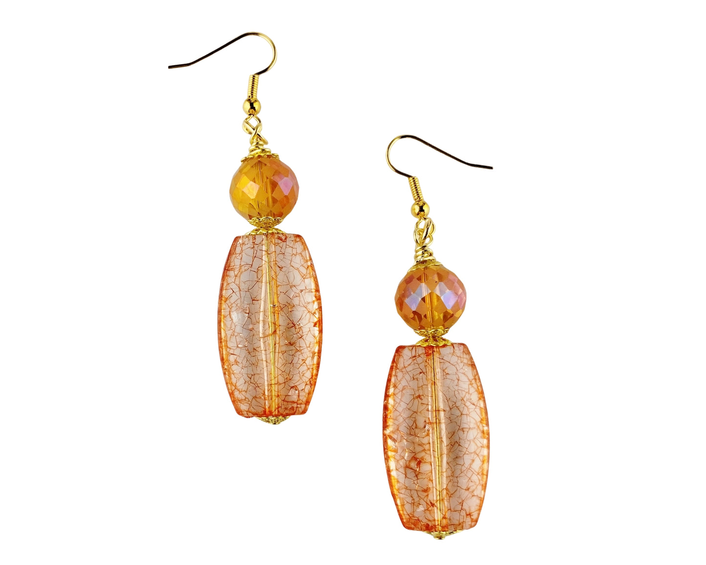 Pair of orange beaded earrings on a white background