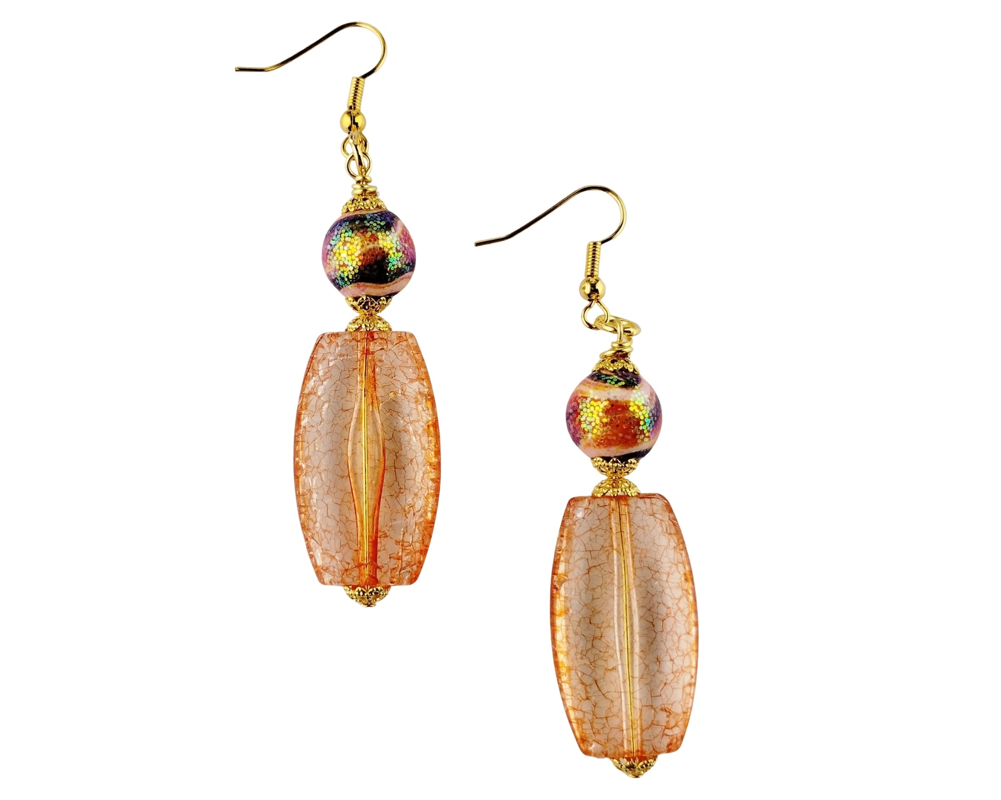 Pair of earrings with gold hooks, multicolored beads, and orange oval-shaped stones on a white background.