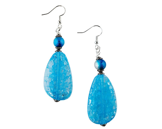 Aqua Blue Beaded Earrings on White Background