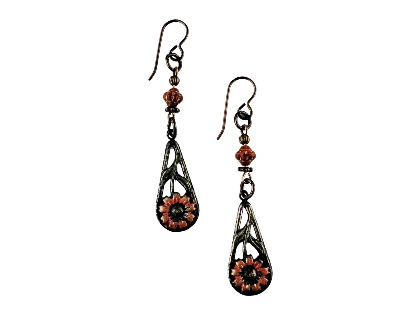 Pair of earrings with floral designs on a white background